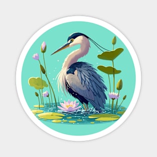 Kawaii Anime Heron Bath With Water Lily Magnet